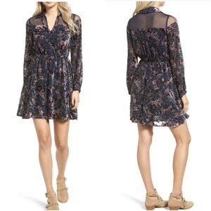 Moon River Floral Blue Velvet Long Sleeve Dress Size L
